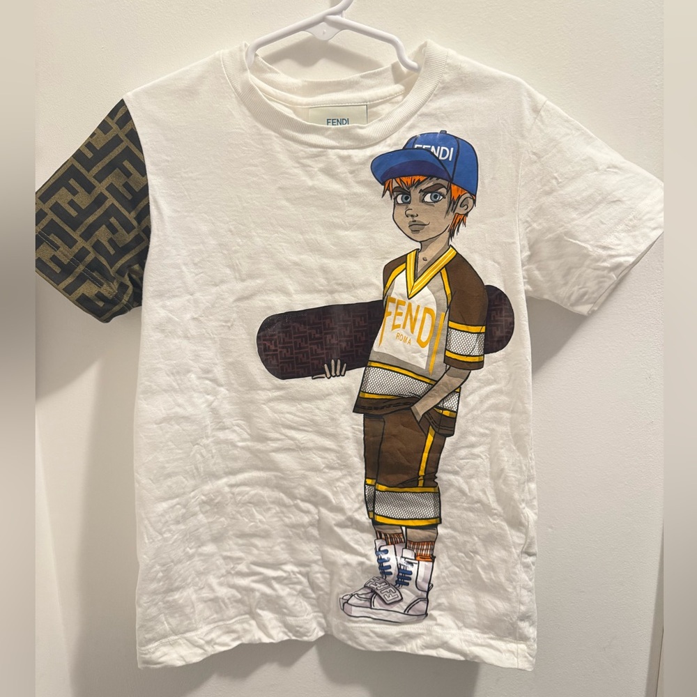 Fendi Kids White and Brown Graphic Tee with Skateboard Design